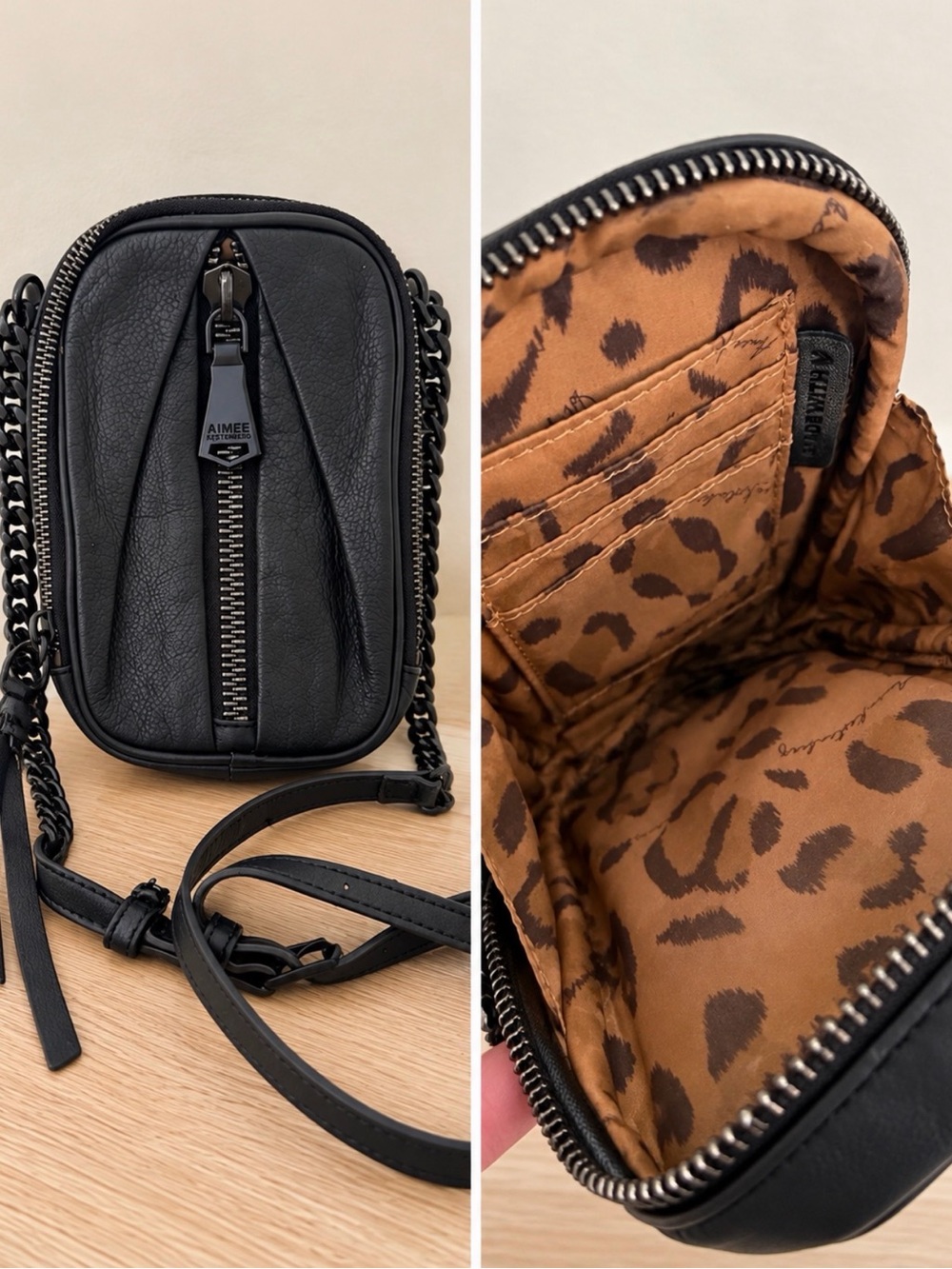 Aimee Kestenberg Black Leather Crossbody with Leopard Lining